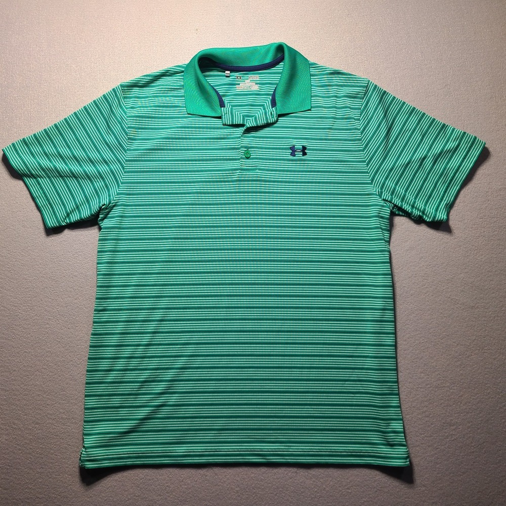 Under Armour HeatGear Golf Polo Shirt Men's XL Green Striped Short Sleeve Loose
